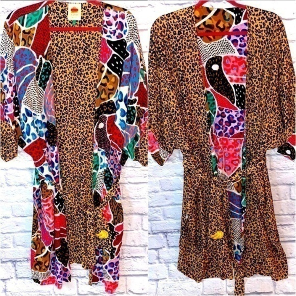 Farm Reversible Leopard Abstract Toucan Print Mix Media Belt Kimono Duster Robe